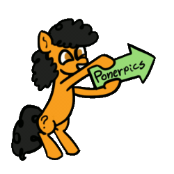 Size: 560x560 | Tagged: safe, artist:wren, ponerpics exclusive, oc, oc only, oc:filly anon, earth pony, pony, advertisement, advertising, animated, arrow, bobbing, excited, gif, happy, holding, mare, pls, ponerpics, sign, simple background, smiling, solo, transparent background
