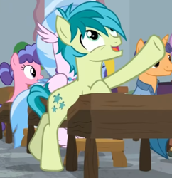 Size: 434x449 | Tagged: safe, imported from derpibooru, screencap, sandbar, silverstream, earth pony, pony, a rockhoof and a hard place, background pony, cropped, cute, desk, happy, raised hoof, smiling, solo focus