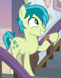 Size: 572x733 | Tagged: safe, imported from derpibooru, screencap, sandbar, earth pony, pony, a matter of principals, bracelet, cropped, excited, jewelry, male, pointing, raised hoof, smiling, solo, stairs