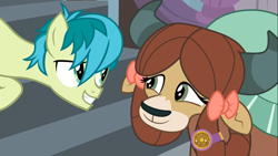 Size: 1366x768 | Tagged: safe, imported from derpibooru, screencap, sandbar, yona, earth pony, pony, yak, a matter of principals, cute, looking at each other, monkey swings, sandabetes, shipping fuel, smiling, yonadorable