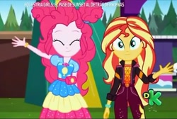 Size: 658x443 | Tagged: safe, imported from derpibooru, screencap, pinkie pie, sunset shimmer, equestria girls, equestria girls series, sunset's backstage pass!, spoiler:eqg series (season 2), clothes, discovery kids, dress, eyes closed, female, looking at you, spanish, tree, waving, waving at you