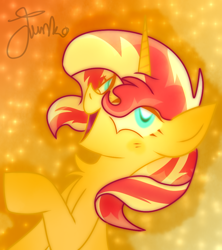 Size: 800x900 | Tagged: safe, artist:junko, artist:php163, imported from derpibooru, sunset shimmer, pony, unicorn, chest fluff, cute, eyelashes, female, looking offscreen, mare, orange background, pony sunset, shimmerbetes, signature, simple background, smiling, solo