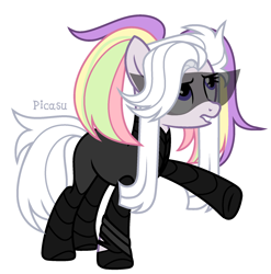 Size: 1828x1852 | Tagged: safe, artist:picasu, imported from derpibooru, oc, oc only, oc:techno dancer, earth pony, pony, cyber-questria, armor, bodysuit, boots, clothes, female, glasses, lip bite, mare, multicolored hair, rainbow hair, raised hoof, shoes, simple background, solo, spy, spy suit, sunglasses, white background