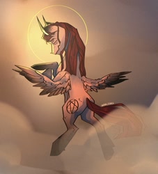 Size: 1080x1188 | Tagged: safe, artist:ipaki_ye_arts, imported from derpibooru, oc, oc only, pegasus, pony, cloud, eyes closed, flying, horns, pegasus oc, rearing, signature, wings