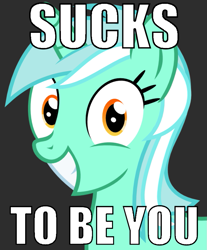 Size: 765x922 | Tagged: safe, imported from derpibooru, lyra heartstrings, pony, unicorn, anti-bronybait, big smile, bronybait, caption, gray background, image macro, irrational exuberance, simple background, smiling, smiling at you, solo, text