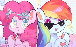 Size: 3162x1976 | Tagged: artist needed, safe, artist:lauboz, imported from derpibooru, pinkie pie, rainbow dash, :p, chest fluff, cute, duo, duo female, ear fluff, female, open mouth, starry eyes, sunglasses, tongue out, wingding eyes