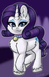 Size: 791x1244 | Tagged: safe, artist:llametsul, imported from derpibooru, rarity, pony, unicorn, bell, bell collar, cat bell, collar, ear fluff, eyeshadow, female, fluffy, looking at you, makeup, mare, signature, simple background, smiling, smiling at you, solo, unshorn fetlocks