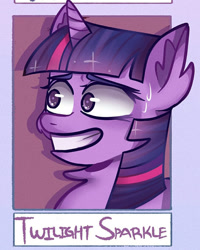 Size: 944x1180 | Tagged: safe, alternate version, imported from derpibooru, twilight sparkle, pony, unicorn, bust, cropped, ear fluff, female, grin, mare, smiling, solo, sweat, unicorn twilight