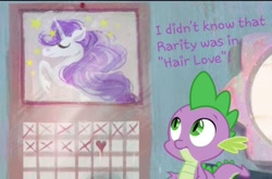 Size: 818x540 | Tagged: safe, edit, imported from derpibooru, screencap, vector edit, rarity, spike, pony, unicorn, calendar, cameo, easter egg, easter egg (media), hair love, purple hair, sony pictures animation, vector