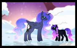 Size: 2181x1356 | Tagged: safe, artist:star-gaze-pony, imported from derpibooru, princess luna, oc, oc:estelle galaxy, alicorn, pony, unicorn, duo, duo female, female, mother and child, mother and daughter, offspring, parent:king sombra, parent:princess luna, snow