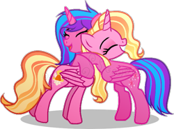 Size: 699x517 | Tagged: safe, artist:star-gaze-pony, imported from derpibooru, luster dawn, oc, oc:melody aurora, alicorn, pony, alicorn oc, alicornified, base used, duo, duo female, female, horn, hug, hugging a pony, offspring, parent:flash sentry, parent:twilight sparkle, parents:flashlight, race swap, simple background, transparent background, wings