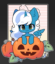 Size: 980x1125 | Tagged: safe, imported from derpibooru, oc, oc:fleurbelle, alicorn, pony, :3, adorabelle, adorable face, alicorn oc, autumn, bow, chibi, cute, ear fluff, female, hair bow, halloween, holiday, horn, looking at you, mare, pink bow, pumpkin, pumpkin patch, seasonal, simple background, sweet, wings, yellow eyes