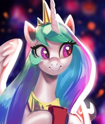 Size: 2121x2500 | Tagged: safe, artist:eustac3, artist:vradurenu, imported from derpibooru, princess celestia, alicorn, pony, abstract background, cup, cute, cutelestia, eye clipping through hair, female, jewelry, looking sideways, looking to side, mare, regalia, smiling, solo