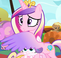 Size: 1790x1687 | Tagged: safe, imported from derpibooru, screencap, coconut palm, cranberry pit, princess cadance, princess flurry heart, alicorn, pony, once upon a zeppelin, covering, cropped, female, filly, magic, mare, unnamed character, unnamed pony, wing covering