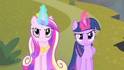 Size: 1920x1080 | Tagged: safe, imported from derpibooru, screencap, princess cadance, twilight sparkle, alicorn, pony, three's a crowd, :c, >:c, angry, annoyed, duo, duo female, female, frown, looking at you, magic, sisters-in-law, twilight sparkle (alicorn)