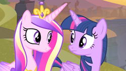 Size: 1920x1080 | Tagged: safe, imported from derpibooru, screencap, princess cadance, twilight sparkle, alicorn, pony, three's a crowd, duo, duo female, female, looking at each other, sisters-in-law, twilight sparkle (alicorn)