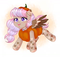 Size: 1280x1213 | Tagged: safe, artist:bylullabysoft, imported from derpibooru, oc, oc only, pegasus, pony, :p, clothes, costume, digital art, female, flying, mare, pumpkin, simple background, solo, spread wings, tongue out, white background, wings