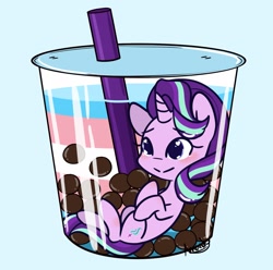 Size: 1763x1750 | Tagged: safe, artist:amandyalmonds, artist:lilliesinthegarden, imported from derpibooru, starlight glimmer, pony, unicorn, bubble tea, cup, cup of pony, cute, drinking straw, female, pony in a cup, pride, pride flag, smiling, solo, straw, transgender pride flag