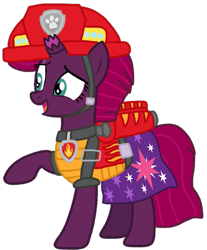 Size: 895x1080 | Tagged: safe, artist:徐詩珮, imported from derpibooru, fizzlepop berrytwist, tempest shadow, series:sprglitemplight diary, series:sprglitemplight life jacket days, series:springshadowdrops diary, series:springshadowdrops life jacket days, alternate universe, clothes, dino rescue, female, marshall (paw patrol), paw patrol, simple background, transparent background