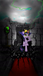 Size: 1080x1920 | Tagged: safe, artist:andyerror, imported from derpibooru, twilight sparkle, pony, unicorn, wendigo, carpet, coat of arms, contest entry, corrupted, corrupted twilight sparkle, crown, dark, dark equestria, dark magic, dark queen, dark twilight, dark twilight sparkle, darklight, darklight sparkle, dictator, evil twilight, female, glowing horn, horn, jewelry, magic, paint tool sai, possessed, queen twilight, queen twilight sparkle, regalia, solo, sombra empire, sombra eyes, story included, throne, tiara, twilight is anakin, tyrant sparkle, unicorn twilight