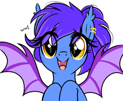 Size: 3300x2720 | Tagged: safe, artist:emberslament, imported from derpibooru, oc, oc only, oc:evening lily, bat, bat pony, pony, bat pony oc, bat wings, cute, ear piercing, fangs, female, looking at you, onomatopoeia, piercing, ponytail, simple background, skree, smiling, solo, transparent background, wings