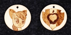 Size: 1024x513 | Tagged: safe, artist:malte279, imported from derpibooru, apple bloom, earth pony, pony, craft, cutie mark, jewelry, pendant, pyrography, traditional art, wood