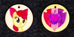 Size: 1024x513 | Tagged: safe, artist:malte279, imported from derpibooru, apple bloom, earth pony, pony, craft, cutie mark, jewelry, pendant, traditional art, wood