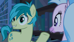 Size: 1365x768 | Tagged: safe, imported from derpibooru, screencap, sandbar, silverstream, earth pony, hippogriff, pony, school raze, book, bookshelf, raised hoof, smiling