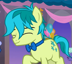 Size: 732x654 | Tagged: safe, imported from derpibooru, screencap, sandbar, earth pony, pony, she's all yak, background pony, balloon, bowtie, cropped, cute, dancing, eyes closed, friendship student, male, midnight snack (g4), smiling, solo