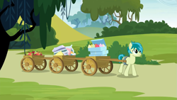 Size: 1365x768 | Tagged: safe, imported from derpibooru, screencap, sandbar, earth pony, pony, school daze, apple, cart, cupcake, food, male, smiling, solo