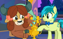 Size: 703x435 | Tagged: safe, imported from derpibooru, screencap, sandbar, yona, earth pony, pony, yak, season 8, she's all yak, bowtie, cropped, duo, female, looking at each other, male, smiling, smiling at each other, teenager, trophy