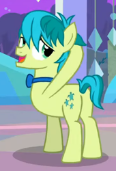 Size: 261x383 | Tagged: safe, imported from derpibooru, screencap, sandbar, earth pony, pony, she's all yak, bowtie, butt, cropped, hooves behind head, looking over shoulder, male, plot, sandbutt, solo, stupid sexy sandbar