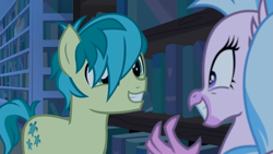 Size: 1365x768 | Tagged: safe, imported from derpibooru, screencap, sandbar, silverstream, earth pony, hippogriff, pony, school raze, book, bookshelf, cute, hair over one eye, looking at each other, smiling