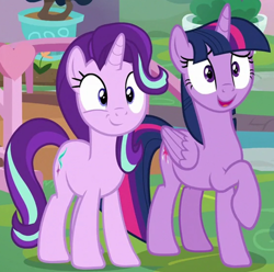 Size: 1066x1057 | Tagged: safe, imported from derpibooru, screencap, starlight glimmer, twilight sparkle, alicorn, pony, unicorn, school daze, cropped, duo, female, mare, raised hoof, smiling, twilight sparkle (alicorn)