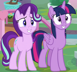 Size: 1176x1097 | Tagged: safe, imported from derpibooru, screencap, starlight glimmer, twilight sparkle, alicorn, pony, unicorn, school daze, cropped, duo, female, grin, mare, nervous, nervous grin, smiling, twilight sparkle (alicorn)