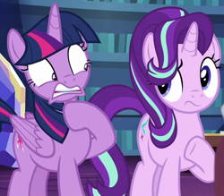 Size: 1332x1167 | Tagged: safe, imported from derpibooru, screencap, starlight glimmer, twilight sparkle, alicorn, pony, unicorn, it isn't the mane thing about you, cropped, disgusted, duo, female, mare, reaction image, twilight sparkle (alicorn), unamused