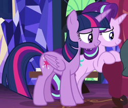 Size: 1214x1023 | Tagged: safe, imported from derpibooru, screencap, starlight glimmer, twilight sparkle, alicorn, pony, unicorn, it isn't the mane thing about you, chair, cropped, duo, female, mare, twilight sparkle (alicorn)