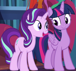 Size: 1250x1167 | Tagged: safe, imported from derpibooru, screencap, starlight glimmer, twilight sparkle, alicorn, pony, unicorn, it isn't the mane thing about you, cropped, cute, duo, female, glimmerbetes, mare, smiling, twiabetes, twilight sparkle (alicorn)