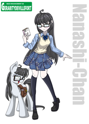 Size: 2000x2800 | Tagged: safe, artist:geraritydevillefort, imported from derpibooru, oc, oc only, oc:nanashi-chan, human, pony, bag, clothes, glasses, human ponidox, humanized, saddle bag, self ponidox, skirt, solo, stockings, thigh highs, zettai ryouiki