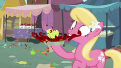 Size: 1920x1080 | Tagged: safe, imported from derpibooru, screencap, lily, lily valley, earth pony, pony, the big mac question, apple, female, food, mare, misleading thumbnail, pie, solo