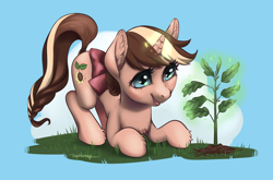 Size: 2776x1830 | Tagged: safe, artist:taytinabelle, imported from derpibooru, oc, oc only, oc:mocha sprout, pony, unicorn, bow, braided tail, chest fluff, cute, ear fluff, eye reflection, face down ass up, female, grass, hair bow, hair bun, happy, looking down, magic, mare, plant, raised tail, reflection, simple background, smiling, solo, tail, unshorn fetlocks