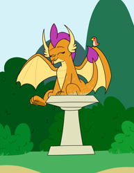 Size: 3470x4500 | Tagged: safe, artist:aaron amethyst, imported from derpibooru, smolder, bird, dragon, behaving like a bird, bird bath, bush, cute, eyes closed, female, outdoors, smolderbetes, solo, tongue out, wet