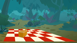 Size: 6438x3621 | Tagged: safe, artist:inaactive, artist:pumpkinpieforlife, imported from derpibooru, between dark and dawn, absurd resolution, background, basket, forest, no pony, outdoors, picnic basket, vector