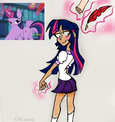 Size: 1756x1864 | Tagged: safe, artist:citi, imported from derpibooru, screencap, twilight sparkle, alicorn, human, pony, the fault in our cutie marks, ass, baby got back, bedroom eyes, butt, clothes, female, glowing hands, humanized, looking over shoulder, magic, plot, scene interpretation, screencap reference, skirt, solo, telekinesis, twibutt, twilight sparkle (alicorn)