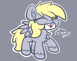 Size: 1200x945 | Tagged: dead source, safe, artist:kimjoman, artist:php142, imported from derpibooru, derpy hooves, pegasus, pony, bronybait, chest fluff, chibi, cute, derpabetes, ear fluff, eyes closed, female, gray background, i love you, letter, mare, mouth hold, raised hoof, simple background, solo, unshorn fetlocks