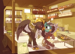 Size: 2048x1477 | Tagged: safe, artist:drtuo4, imported from derpibooru, oc, oc only, oc:duk, oc:ping wing, hippogriff, pegasus, pony, bakery, blushing, bread, cake, cleaning, crepuscular rays, cute, dough, food, poster, spread wings, swiss roll, wings