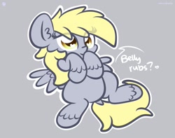 Size: 1200x945 | Tagged: dead source, safe, artist:kimjoman, artist:php142, imported from derpibooru, derpy hooves, pegasus, pony, bellyrub request, bellyrubs, bronybait, chest fluff, chibi, cute, derpabetes, ear fluff, female, gray background, mare, raised hoof, simple background, solo, unshorn fetlocks