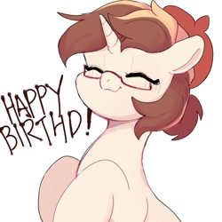 Size: 1080x1080 | Tagged: safe, artist:tingsan, imported from derpibooru, oc, oc only, oc:dr tuo, pony, unicorn, exclamation point, eyes closed, glasses, happy birthday, horn, solo, unicorn oc