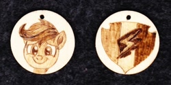 Size: 1024x513 | Tagged: safe, artist:malte279, imported from derpibooru, scootaloo, pegasus, pony, craft, cutie mark, jewelry, pendant, pyrography, traditional art, wood