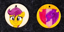 Size: 1024x513 | Tagged: safe, artist:malte279, imported from derpibooru, scootaloo, pegasus, pony, craft, cutie mark, jewelry, pendant, traditional art, wood